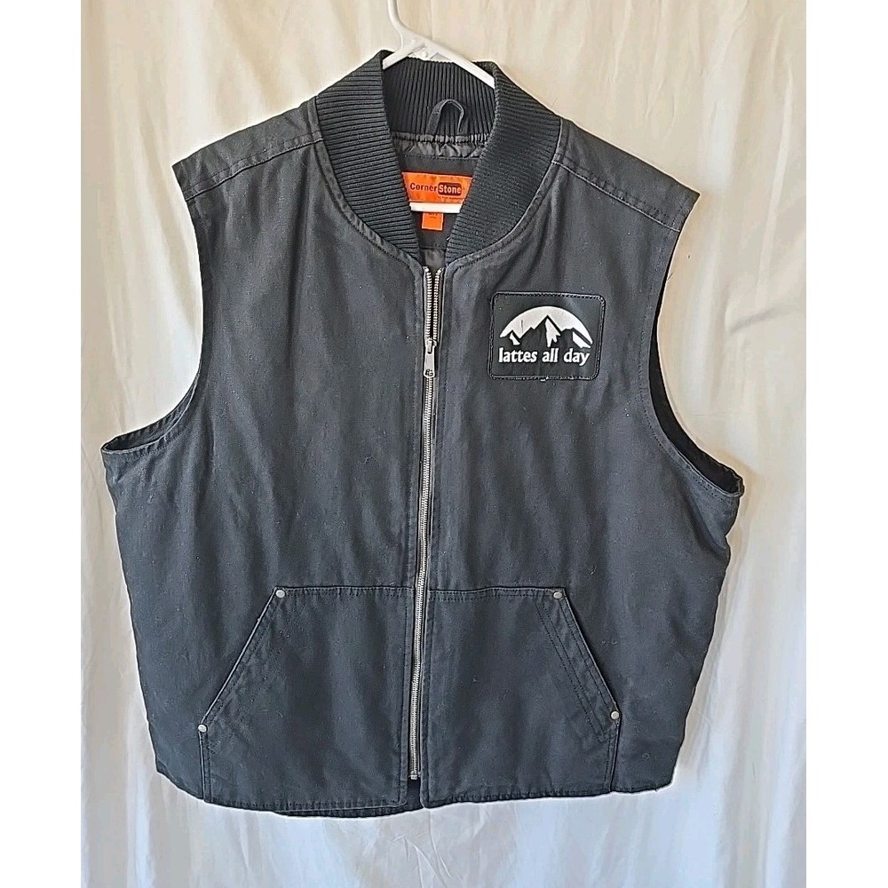 Corner Stone‎ Canvas Full Zip Vest W/ "Lattes All Day" Patch Black Men's 2XL NWT